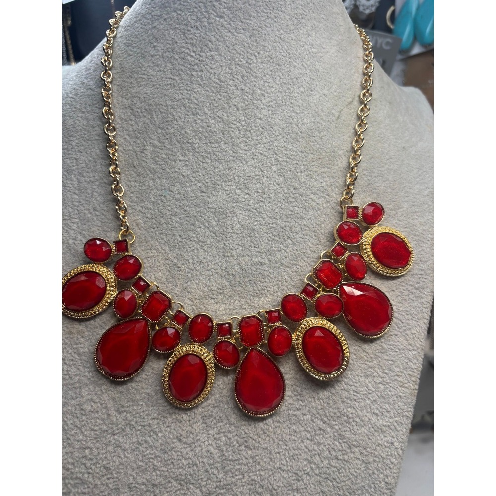 #51. Vibrant Ruby Red Lucite Gemstone Gold-Tone Bib Statement Necklace